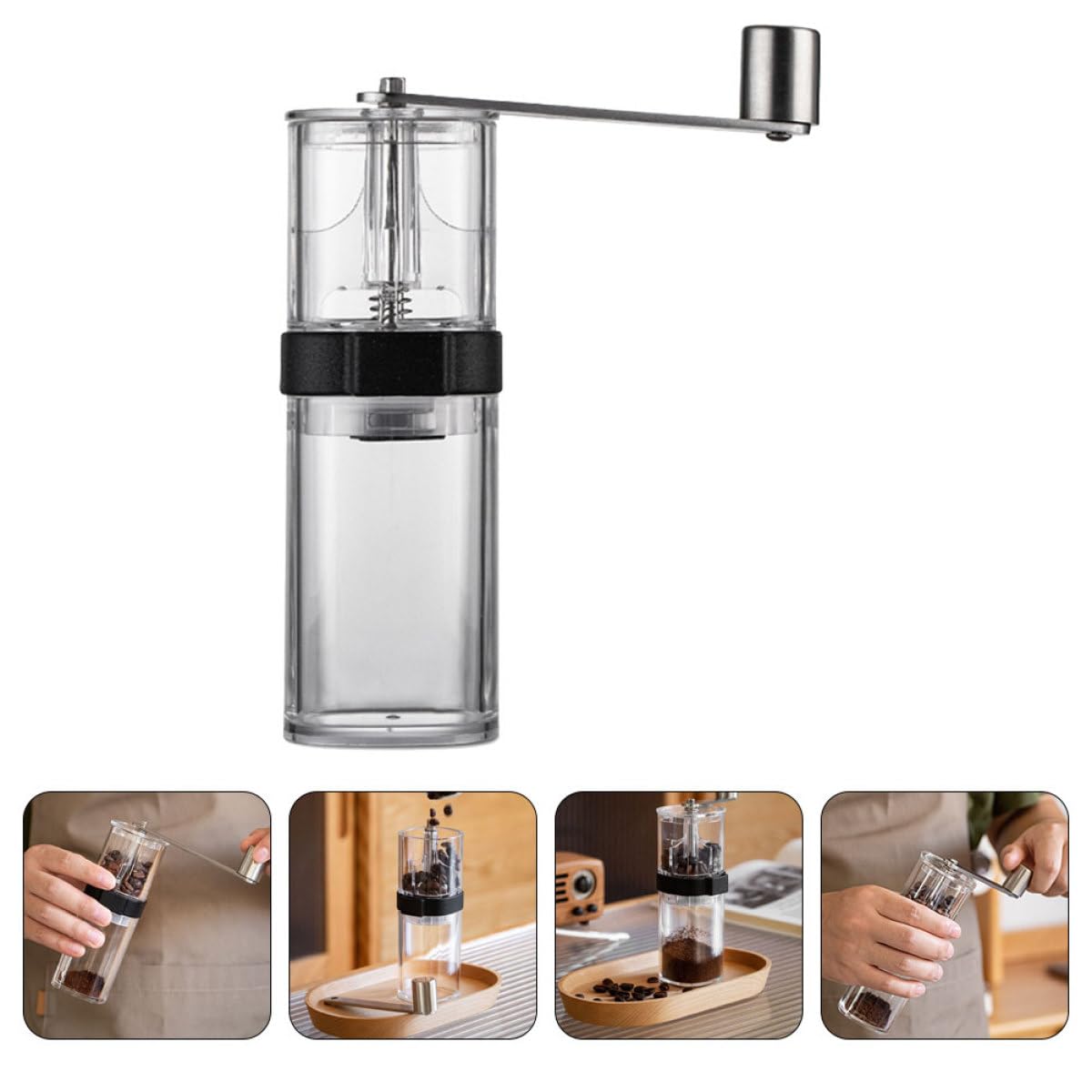 Molinillo de Café Manual Portátil Ajuste de Grosor | Acrílico y Núcleo Cerámico, Tapa de Silicona, para Camping y Oficina, también Apto para Especias y Granos