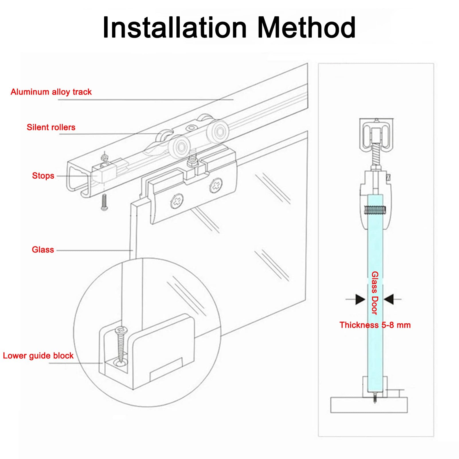 Kit Rail pour Porte Coulissante en Verre de 5-8 mm avec Roulettes, Kit de Quincaillerie Systeme Porte Coulissante pour Bibliothèque Vitrine et Armoires - Installation au Plafond(2.0m/6.6ft)