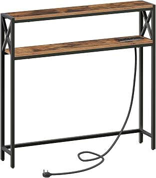 MAHANCRIS Narrow Sofa Table with Charging Station, Skinny Console Table | 100 cm Behind Couch Table with Outlet for Living Room, Entryway Table for Hallway, Rustic Brown and Black ACTHR115KE01N1