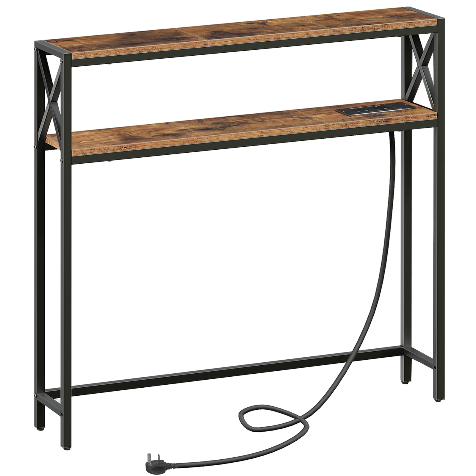 Narrow Sofa Table with Charging Station, 100 cm Behind Couch Table, Skinny Console Table with Outlet for Living Room, Rustic Brown and Black ACTHR115KE01N1