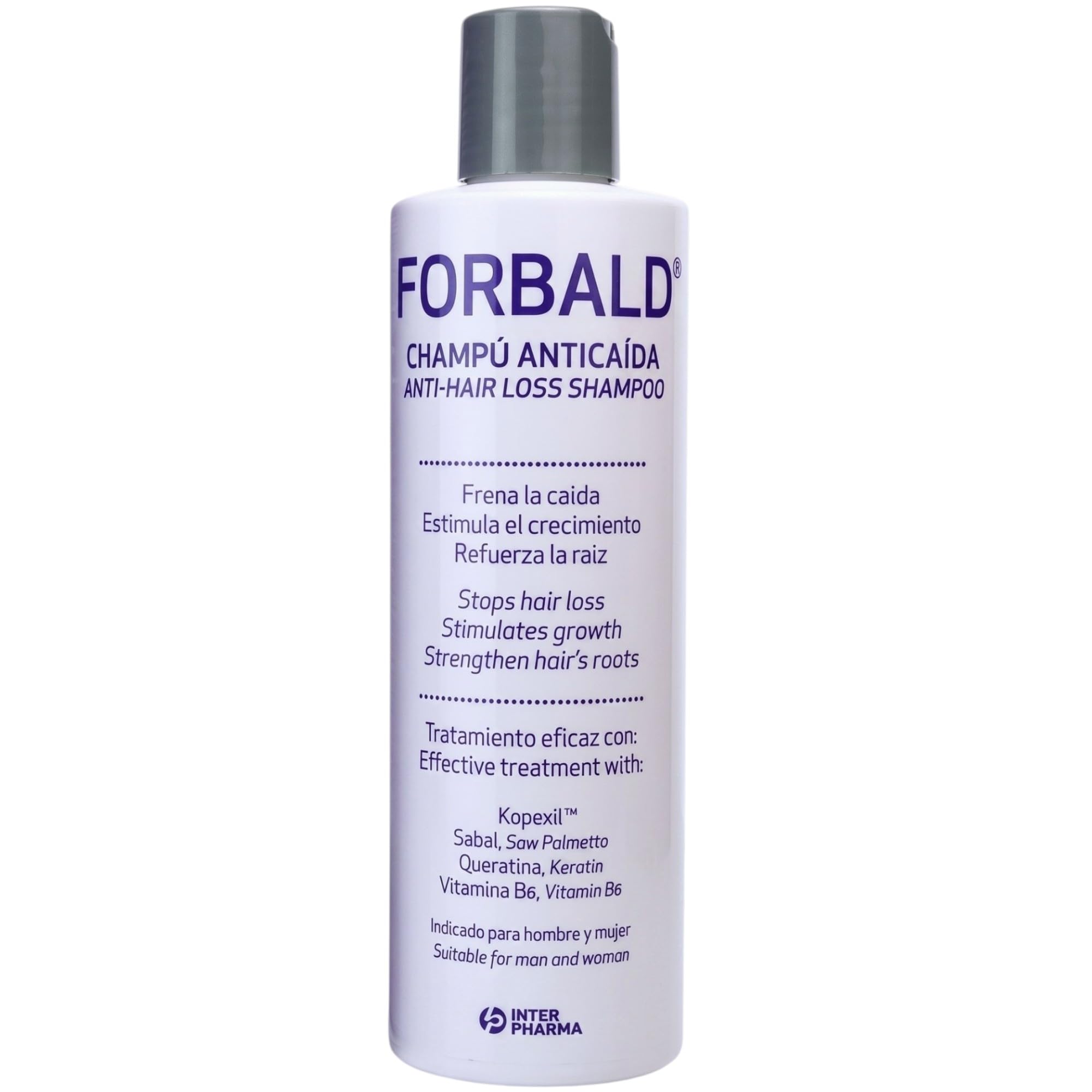 INTERPHARMA SA Forbald Champú Anticaída 250 ml con Kopexil, Queratina y Sabal