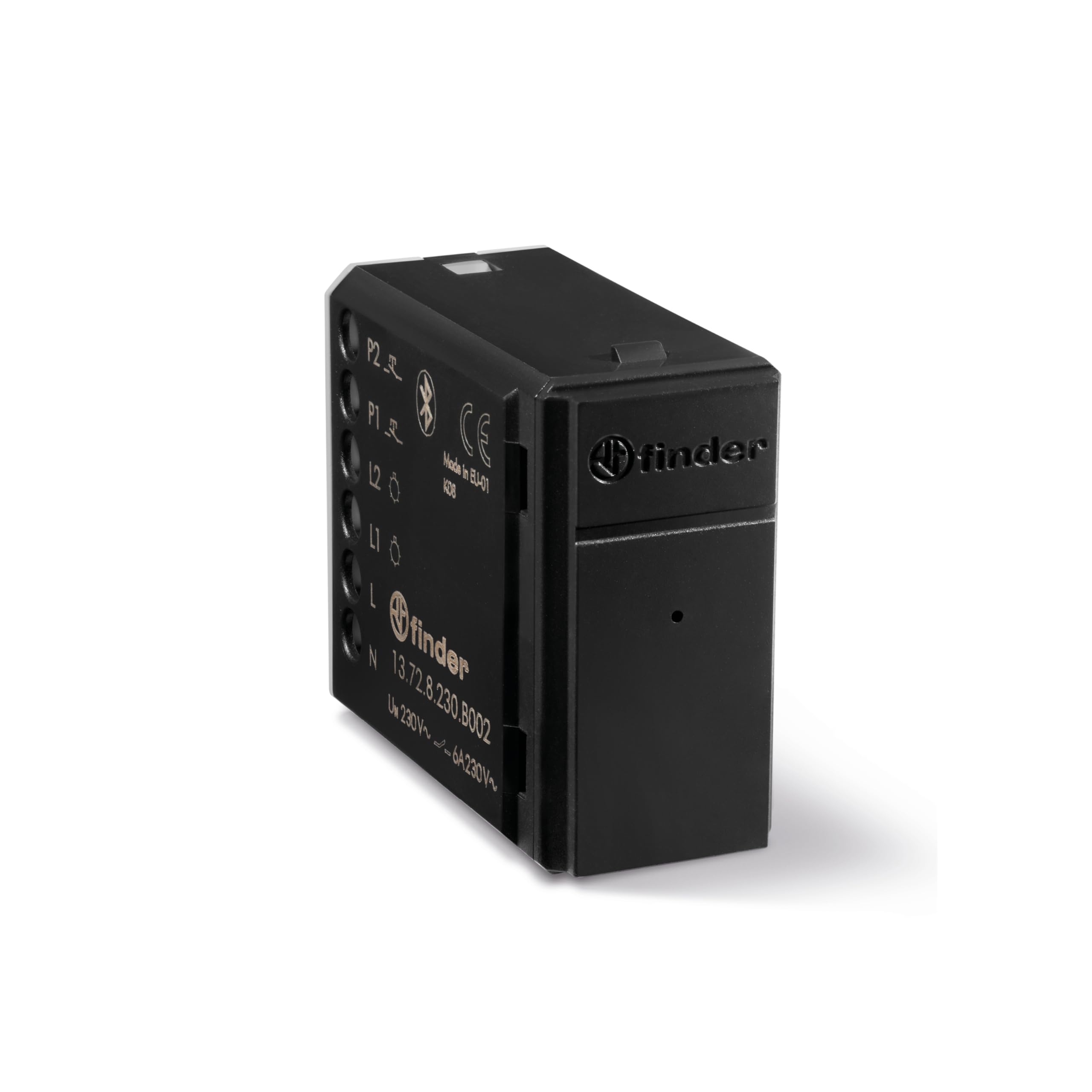 Finder Relè multifunzione connesso Bluetooth YESLY Tipo 13728230B002. 2 contatti. Adatto per controllo luci, tapparelle e tende elettriche. Programmabile tramite App Finder YOU. Colore Antracite