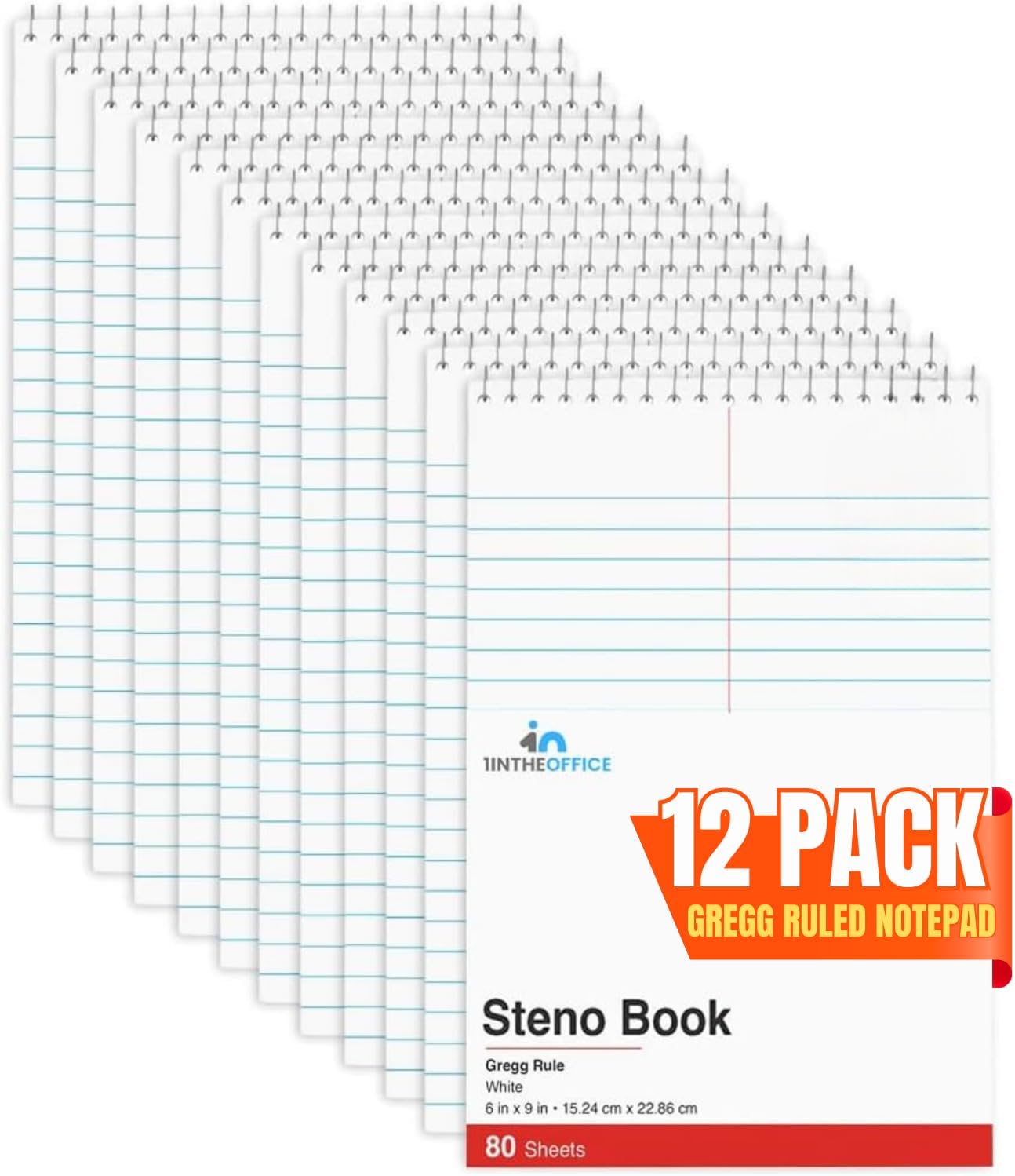 1InTheOffice Steno Pads Spiral 6x9, Top Bound Notepad, Gregg Rule, White, 80 Sheets, 12/Pack