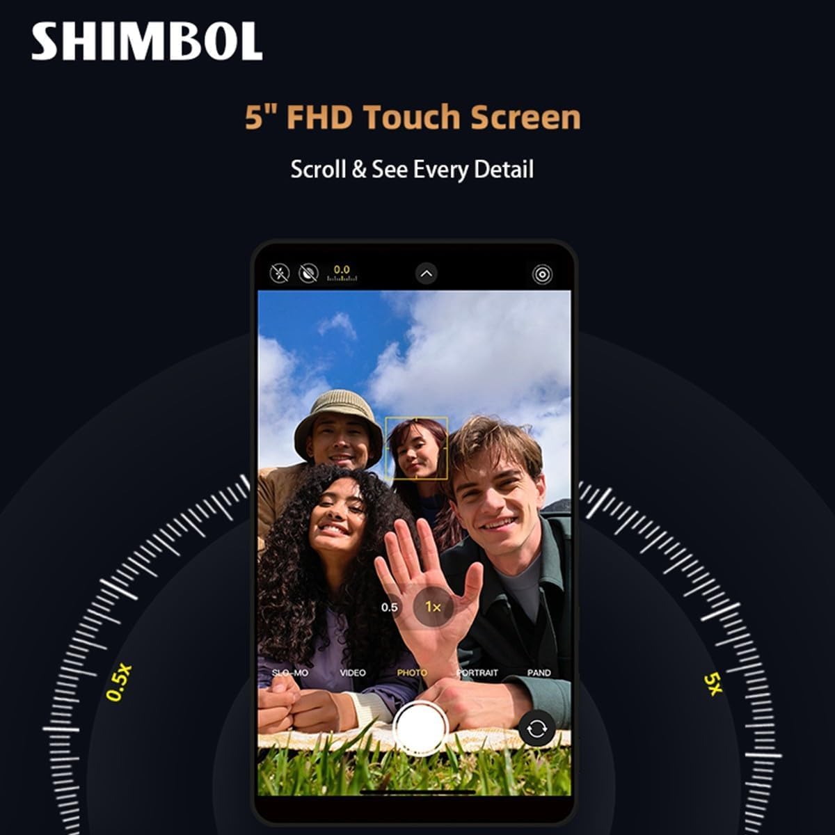 Shimbol CP5 Ultra, Monitor Selfie Vlog Touch HD 5'' 1080P per iPhone&Android - Registrazione Wireless, Telecomando Bluetooth, Controllo Inverso, Specchietto Retrovisore per Streaming TikTok HD(Nero)