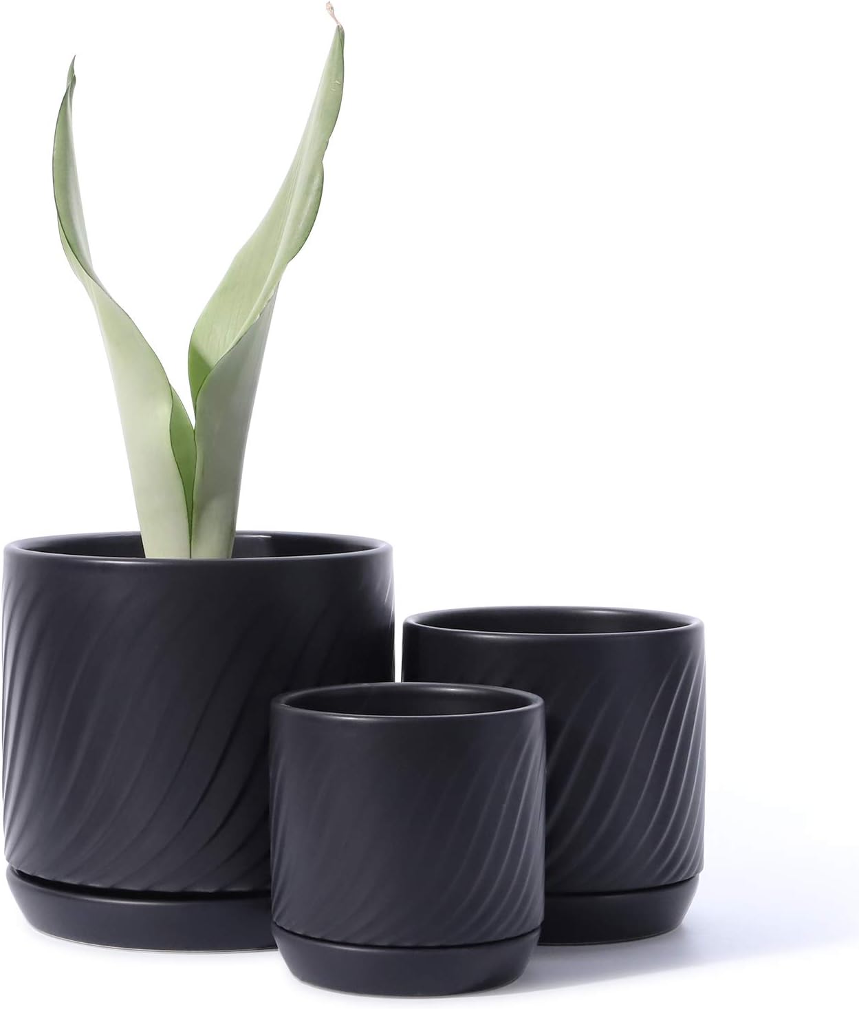 POTEY 053307 Plant Pots with Drainage Holes & Saucer - Glazed Ceramic Modern Planters Indoor Bonsai Container for Plants Flower Aloe(Set of 3-6.6 + 5.1 + 4.2 Inch, Matte Black, Plants Not Included)