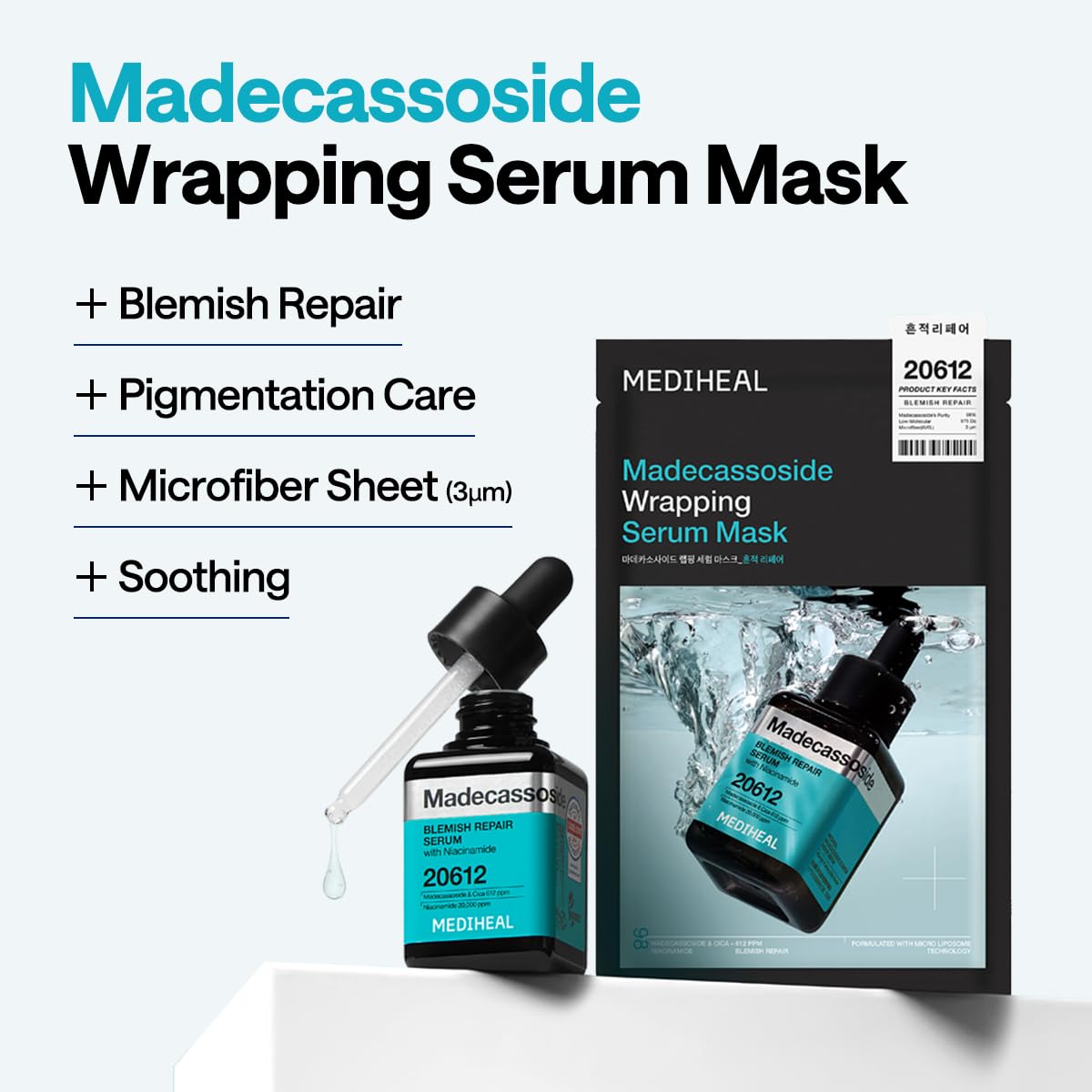 Mediheal Wrapping Serum Mask Blemish Repair – Intensive Calming & Repair Care with 98% Pure Madecassoside & CICA Complex – Helps Calm Skin's Blemish Spots (10 Sheets)