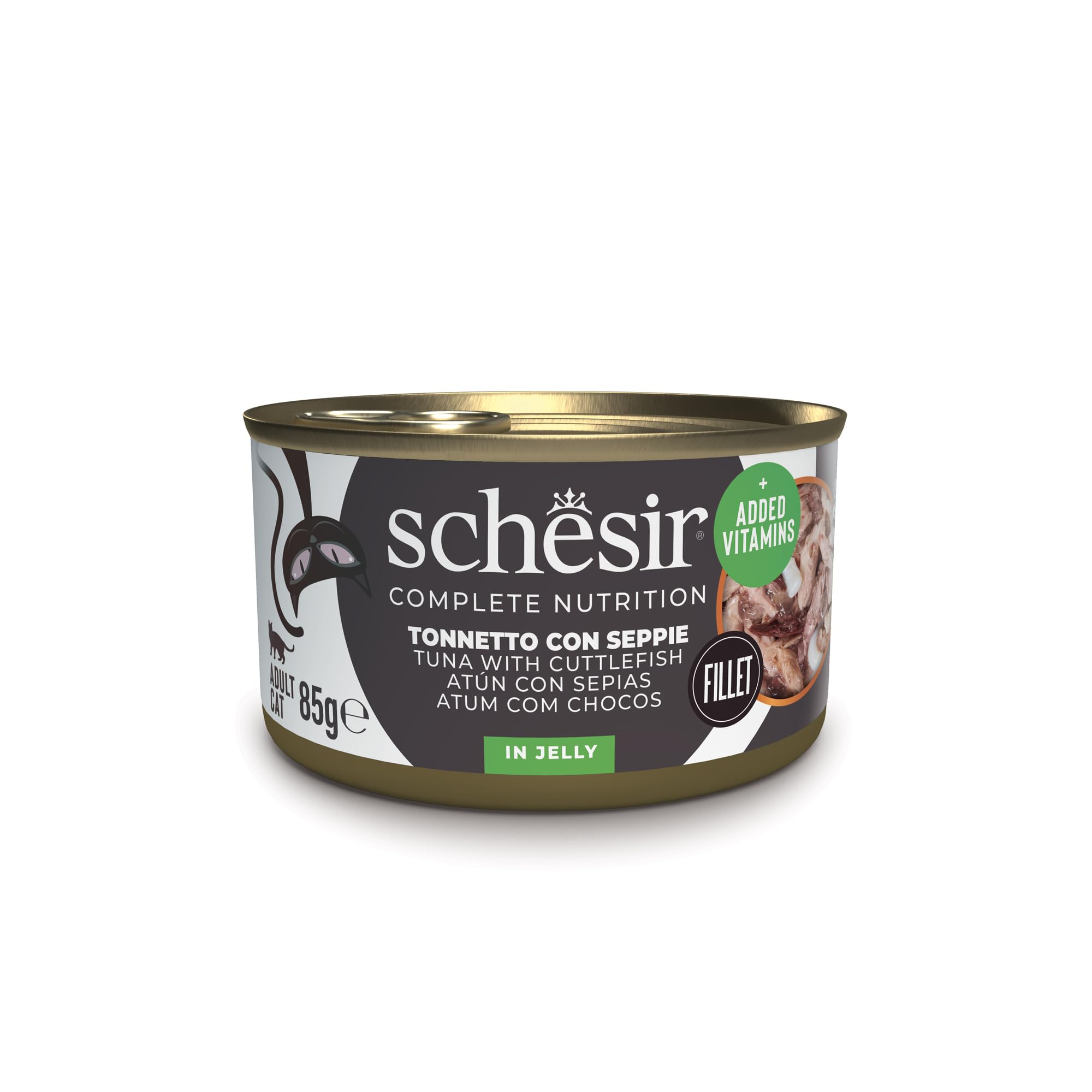 Schesir, Atún con Sepia en Gelatina, Comida Húmeda Completa para Gatos, en Lata, con Vitaminas Añadidas, 100% Natural, 12 x 85 g