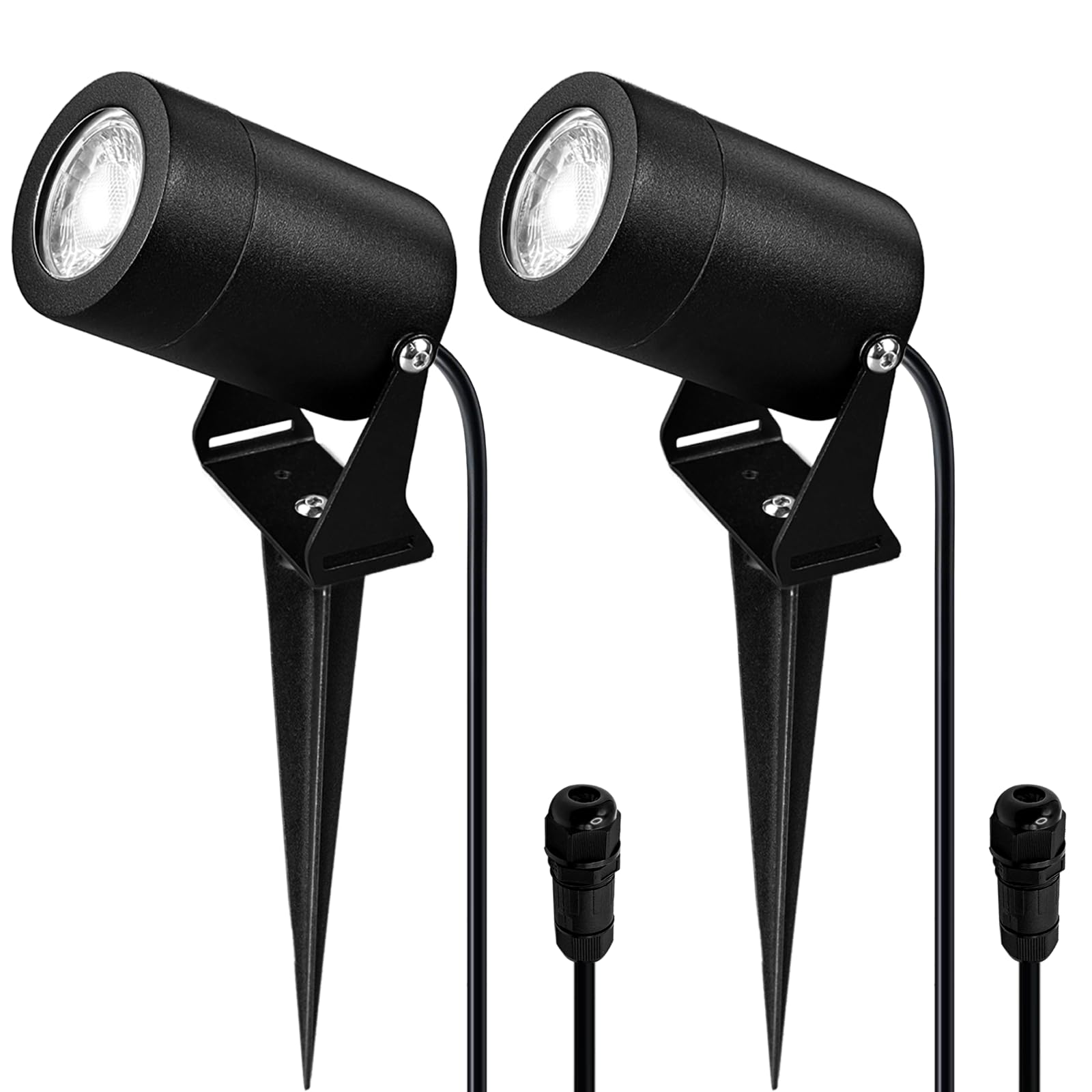 JNR Focos Jardin Exterior con Pincho, IP65 Impermeable, Negro 2 Pack | Acero Inoxidable Foco Jardin Exterior Con Cable de 2 M, con GU10 LED 5W 3000K Bombilla, Lámpara para Césped, Paisajes