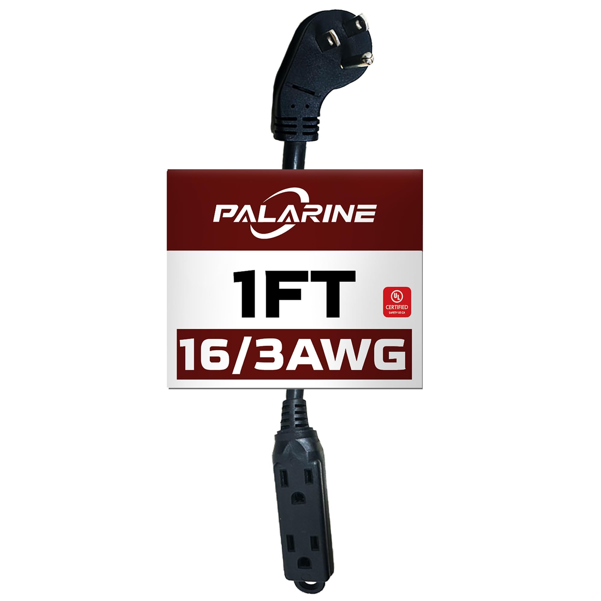 PALARINE Indoor Extension Cord Power Strip 3 Outlets Flat Plug, UL Listed, 16 Gauge 1 ft Black 3 Prong Heavy Duty, 16/3 SJTW 13A Outlet Extender