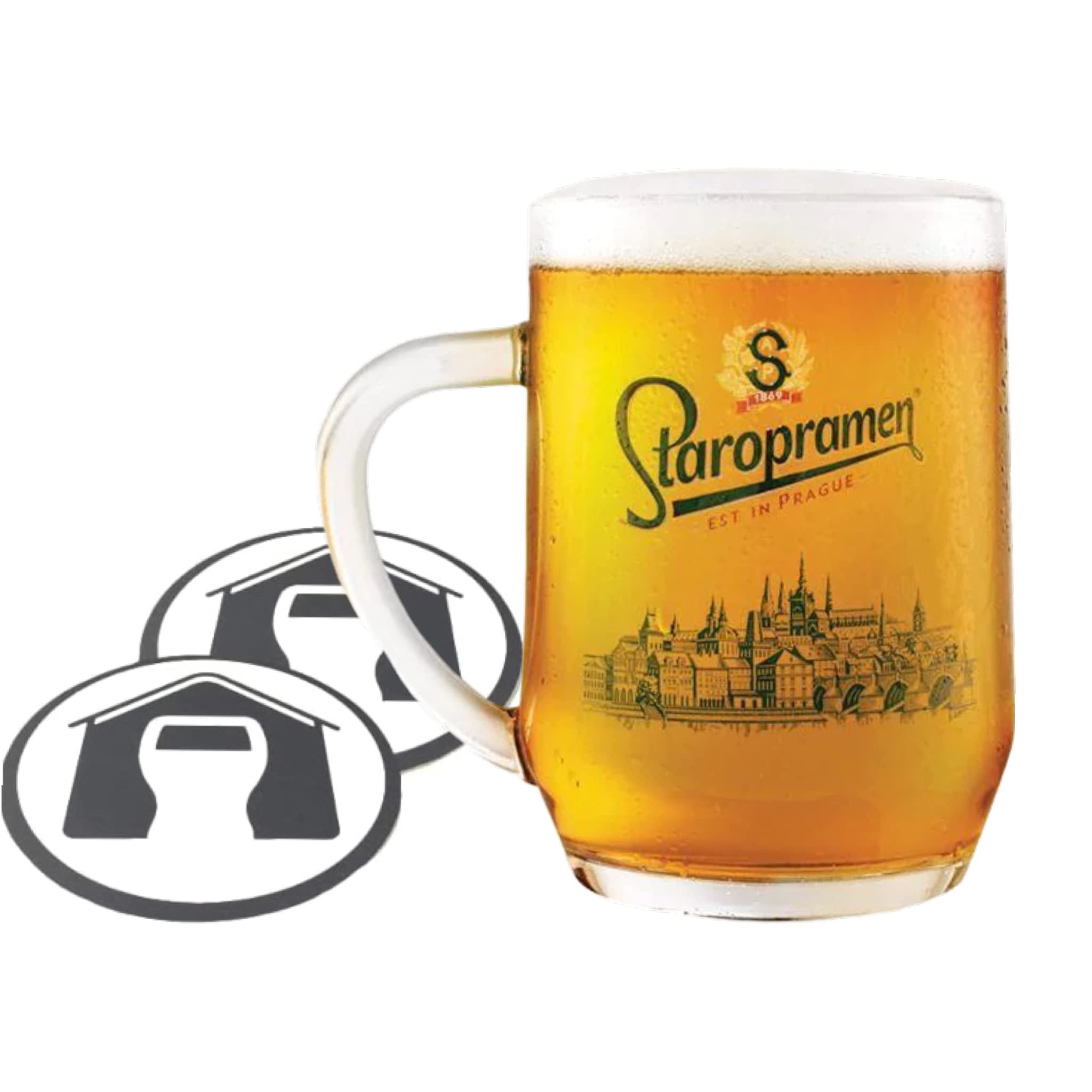 GarageBarStaropramen Glass | Nucleated Tankard Beer Glass | Official Merchandise | Comes with 2X Beer Drip Mats (1, Pint/20oz)