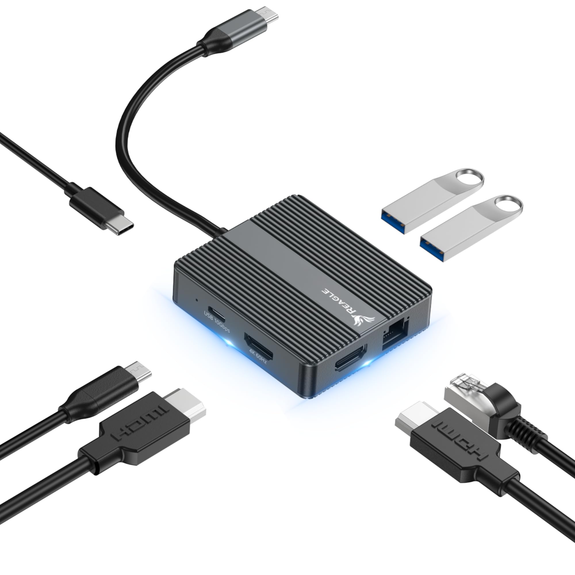 Reagle HUB USB-C 7 in 1 2 X HDMI 4 K 60 Hz PD 100 W SB-C 3.2 Gen2 10 Gbps LAN RJ45 1000 Mbps adattatore plug & play video mirroring, modalità avanzata