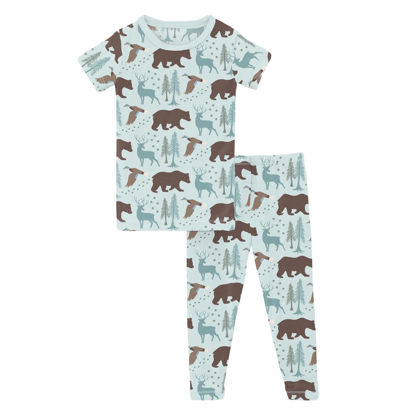 KicKee Print Short Sleeve Pajama Set, Baby to Kid, Viscose from Bamboo Fitted Pajamas, Seasonal Collections, Outdoors (Fresh Air Forest Adventure - 8 Years)