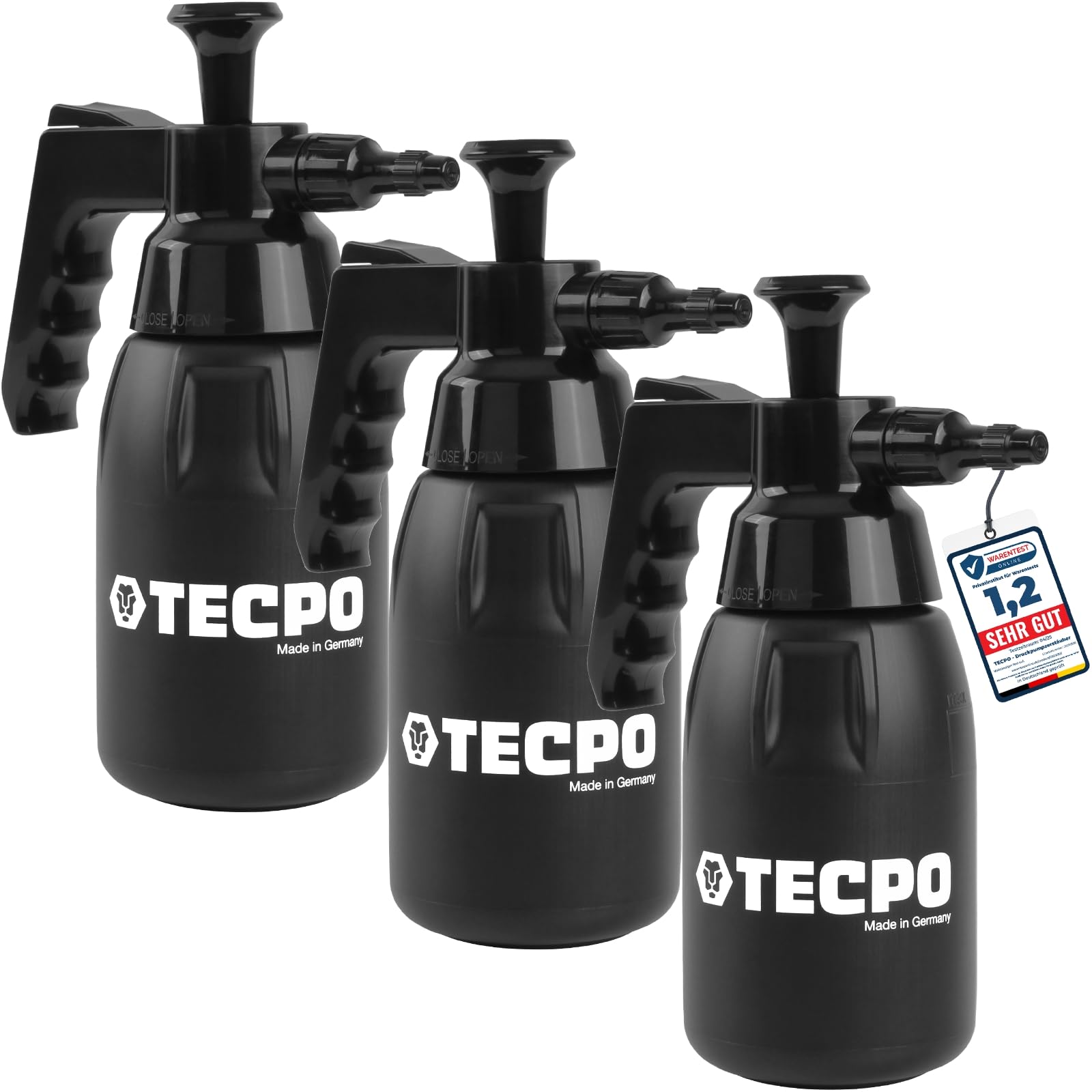 TECPO 3x Druckpumpzerstäuber 1L für Bremsenreiniger, Chemikalienbeständig, verstellbare Düse, 3 bar Druck, ergonomischer Griff, nachhaltiges Bio-PE, Pumpsprühflasche für Reinigung & Industrie