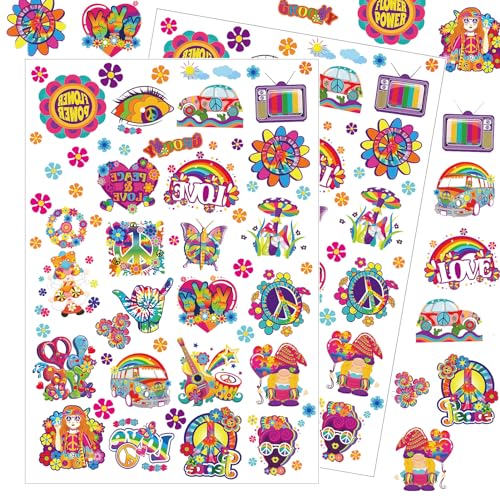 Qpout 52 pièces Hippie Tatouages Temporaire Assortiment Trendy Hippie Autocollant Fleur Pouvoir Amour et Paix Signe Groovy Tatouages pour Enfants et Adultes...
