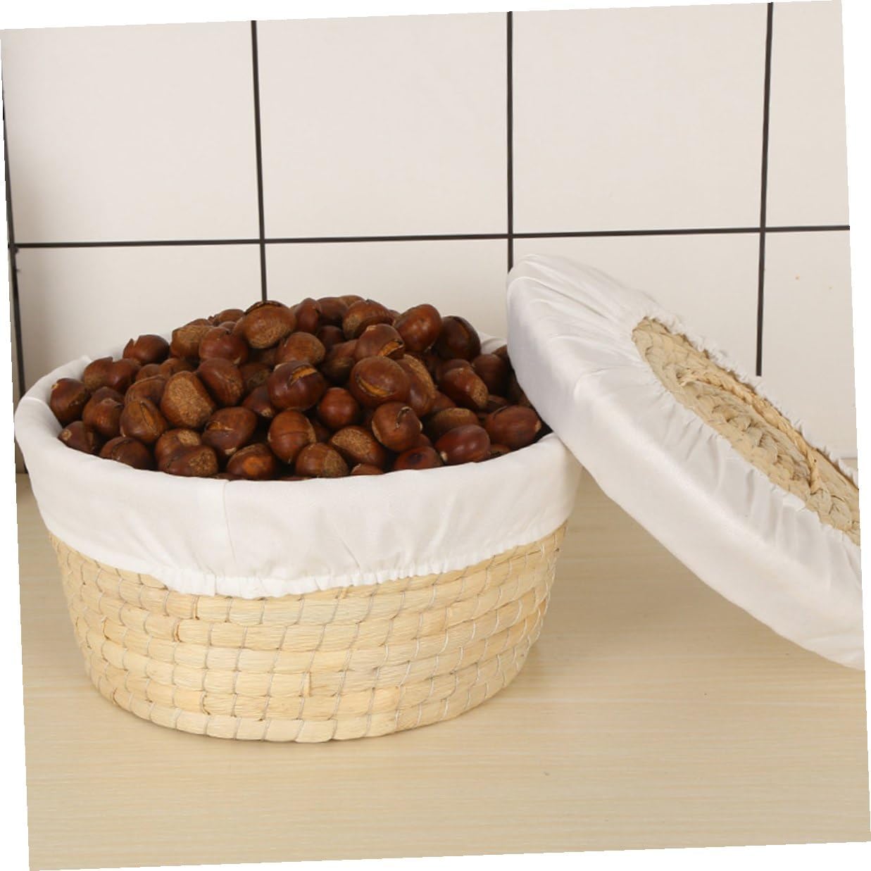 Woven Corn Husk Bread Basket with Lid, 30cm round Kitchen Knit Storage Basket for 8-10 Breads, Multi-purpose Food and Egg Organizer for Home Use