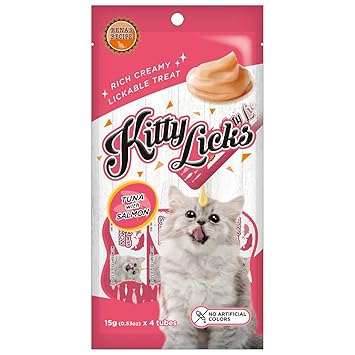 Rena Kitty Licks Treats for Cats | Can Also be Used as Food Topper for Fussy Eaters | Contains Omega 6, and Zinc | Improves The Skin and Coat 30 Tubes (Tuna with Salmon Flavor)