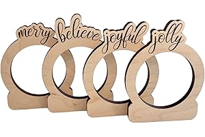 Rustic Wooden Napkin Rings Set of 4 "Merry, Believe, Jolly, Joyful"