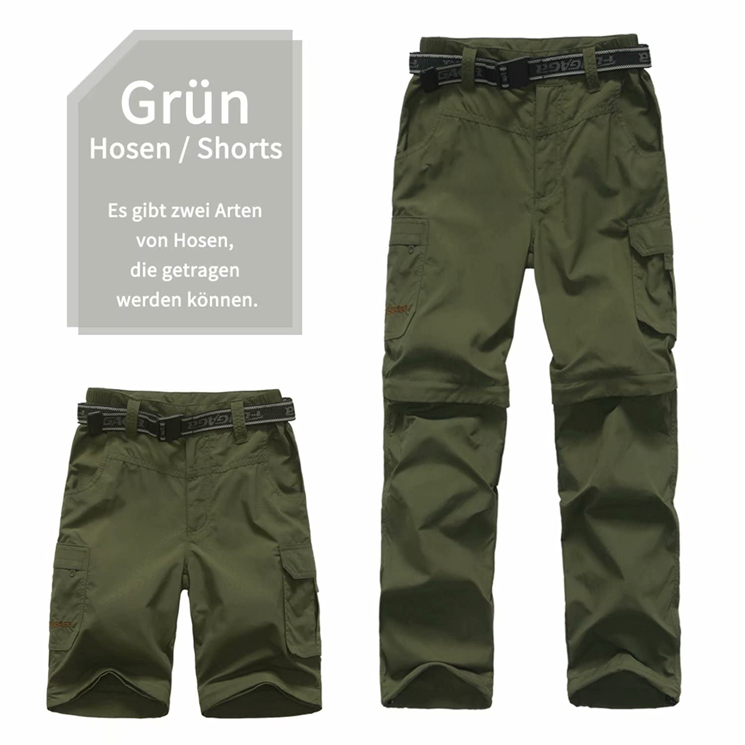 FLYGAGA Pantalones al Aire Libre para niños Senderismo con Cremallera Pantalones Cortos de Pierna Desmontables Trekking Unisex Chicas jóvenes de Verano con cinturón Transpirable de Secado rápido