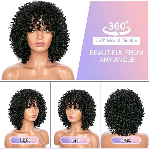 Miniatura 5 de Pelucas rizadas para mujer, pelucas afro suaves y rizadas de 14 pulgadas con flequillo, pelucas sintéticas naturales negras, peluca completa rizada