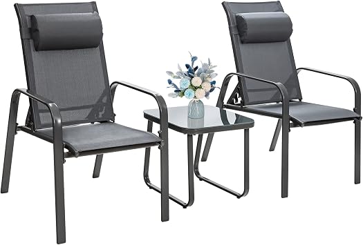 Tangkula 3 Piece Outdoor Bistro Set, Patio Stackable Chairs with Adjustable & Folding Backrest, Removable Headrest and Tempered Glass Coffee Table Set, Patio Conversation Set with Steel Frame Grey