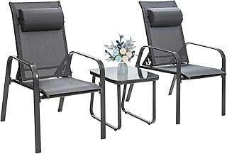 Tangkula 3 Piece Outdoor Bistro Set, Patio Stackable Chairs with Adjustable & Folding Backrest, Removable Headrest and Tempered Glass Coffee Table Set, Patio Conversation Set with Steel Frame (Grey)