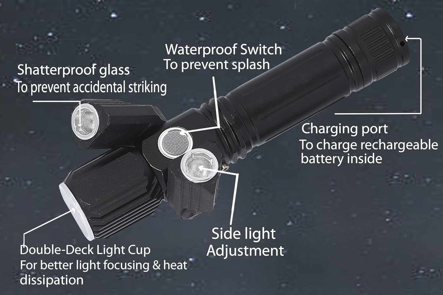ECOSKY Adjustable Head Torch Flashlight Rechargeable 3 Headed 3 in 1 Movable Torch (Black : Rechargeable) (Multicolor) 4