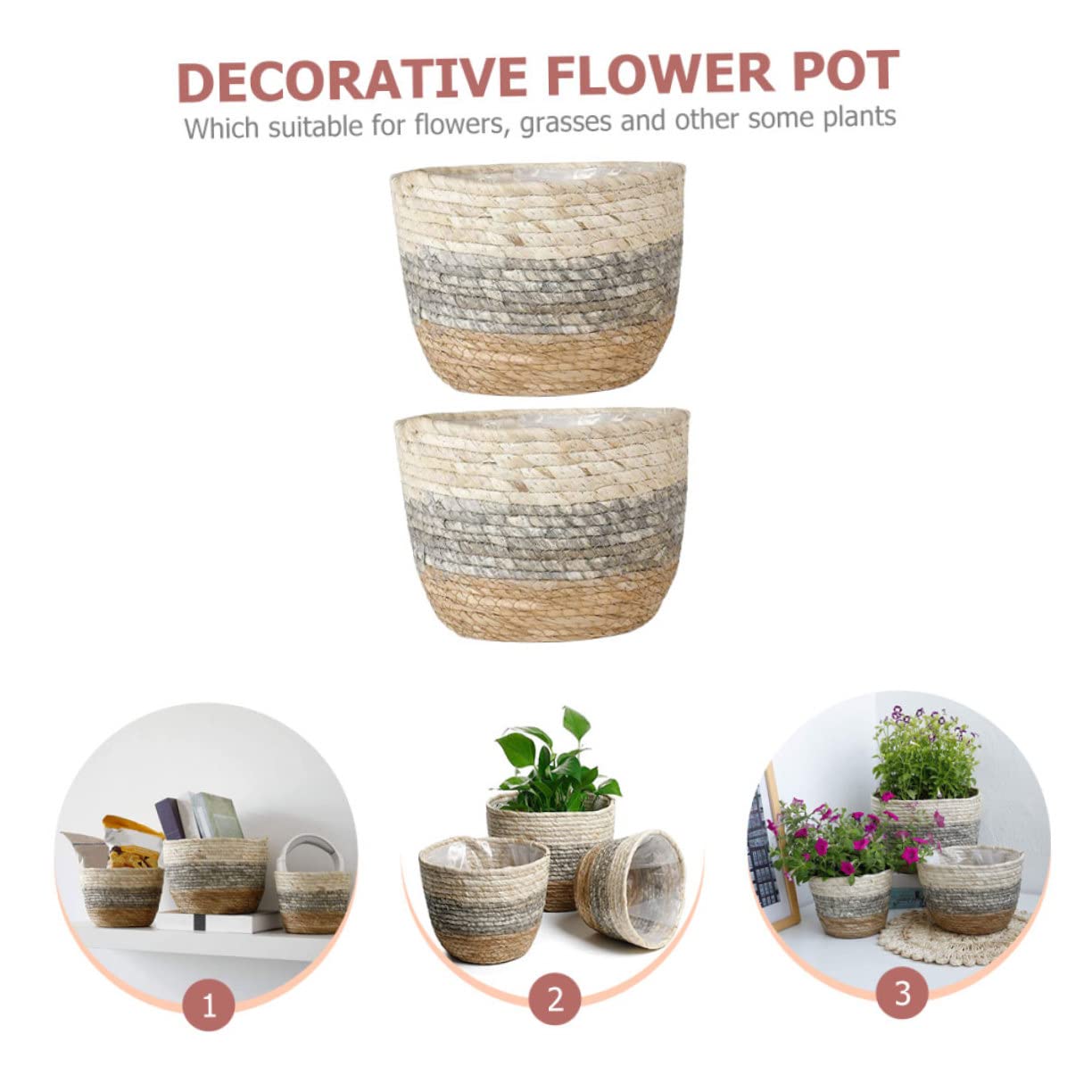BESPORTBLE Lot De 2 Paniers en Rotin pour Plantes Paniers À Fleurs Tissés Paniers en Paille Jonc De Mer Faciles À Nettoyer pour La Décoration De Jardin