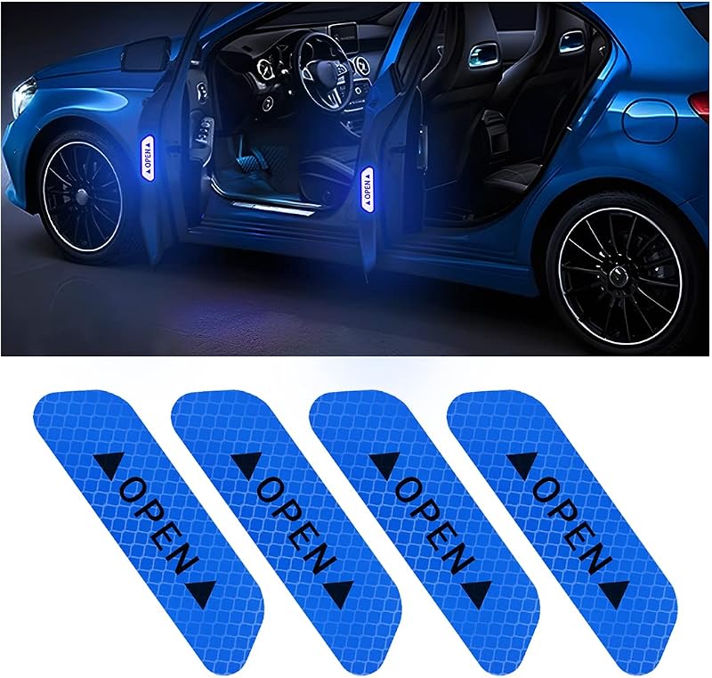 4PCS Car Door Reflective Warning Stickers, Blue | night-visibility surface, anti-collision prompt strips, fits most cars, SUVs, and trucks, car exterior accessories