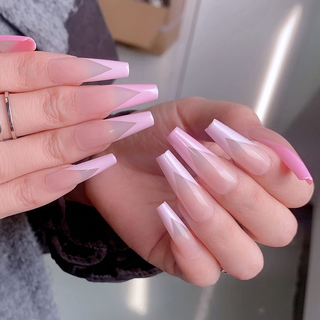 Prosy24pcs Coffin French Ballerina Frosted Press on Nails Long Glossy False Nail Acrylic Art Full Cover Fake Nails Stick on Nails for Women and Girls (Pink)
