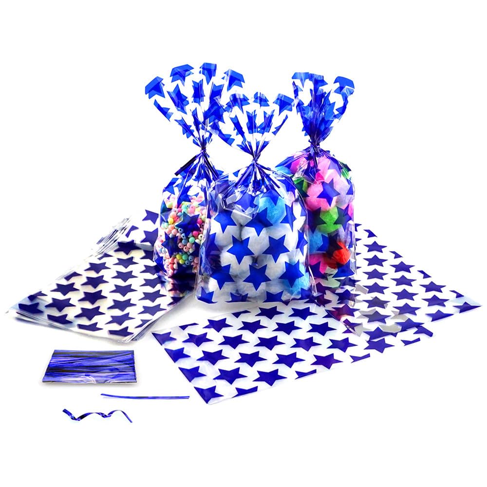 SaktopDeco 100 PCS Navy Blue Star Cellophane Reat Bags Plastic Cello Cookie Candy Gift Bags 5x8 for Beach Birthday Baby Shower Patriotic Party Packing