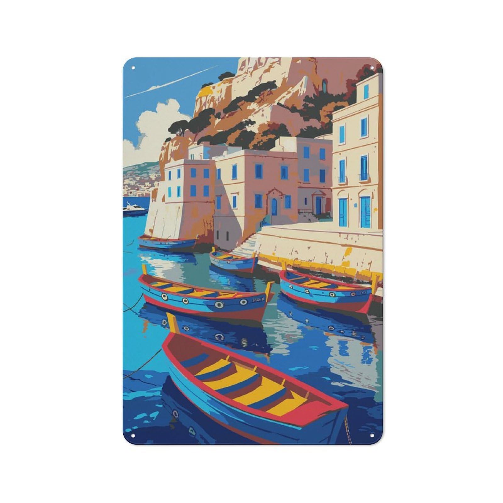 Junmoney Style For Home Office Or Studio, Coastal Village With Boats Illustration Vintage Tin Sign 30X20cm, Tin Sign Wall Decor For Home Offices And Studios