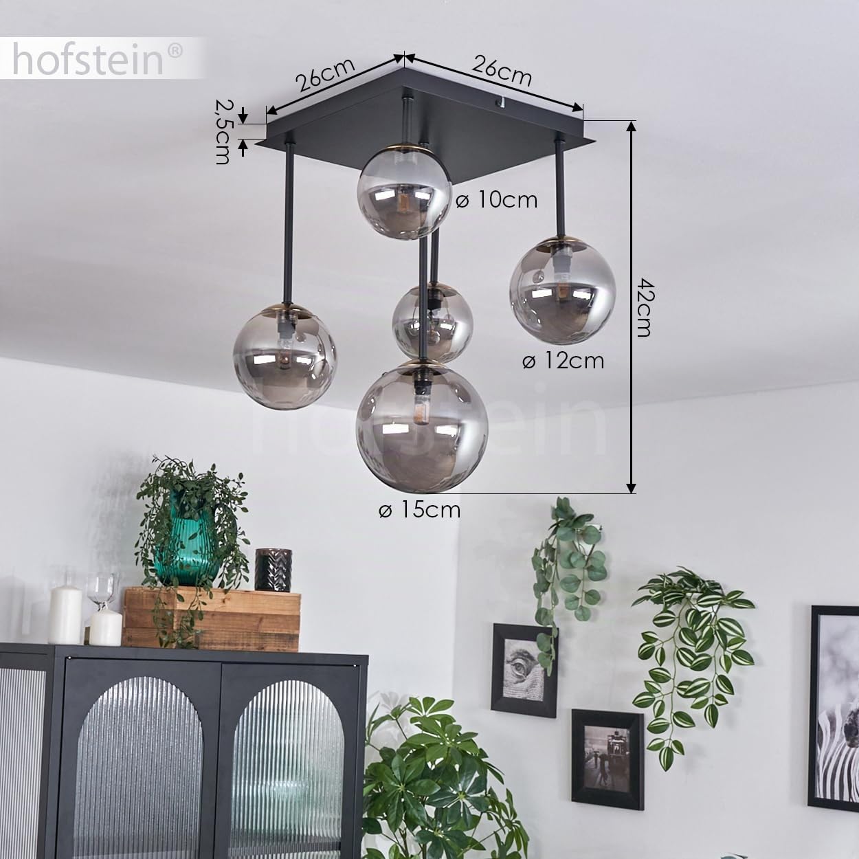 HOFSTEIN Plafoniera Chehalis, lampada da soffitto in metallo/vetro nero/fumo/trasparente, lampada dal design moderno retrò/vintage con ombrelli in vetro (Ø 10, 12, 15 cm), 5 x G9, senza lampadina