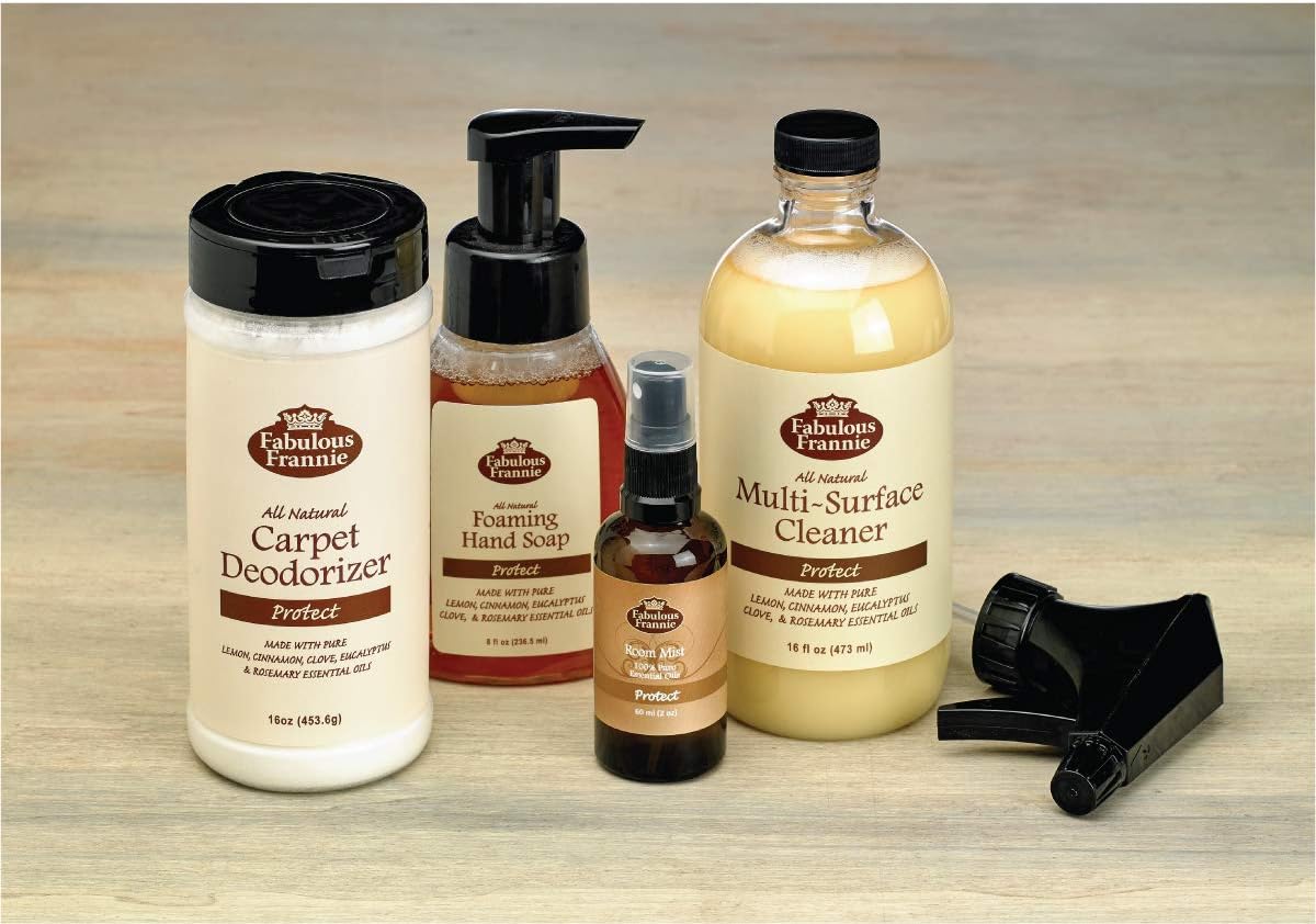 Fabulous Frannie All Natural Protect Scent House Gift Basket includes 16oz Multi-Surface Cleaner, 16oz Carpet Care, 8oz Foam Soap, and Protect Room Mist.