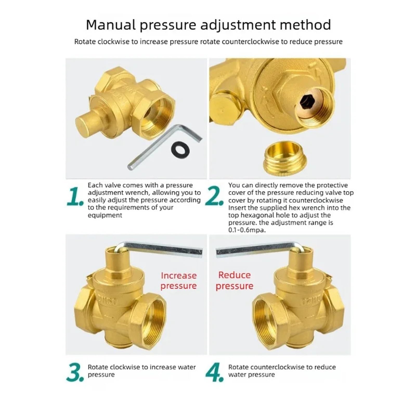 1 szt. Mosiądz regulowany zawór redukcyjny wody 1/2 "3/4" 1 "2" pogrubiony gwint żeński regulator ciśnienia z manometrem(1-1/4",Valve Without Gauge)