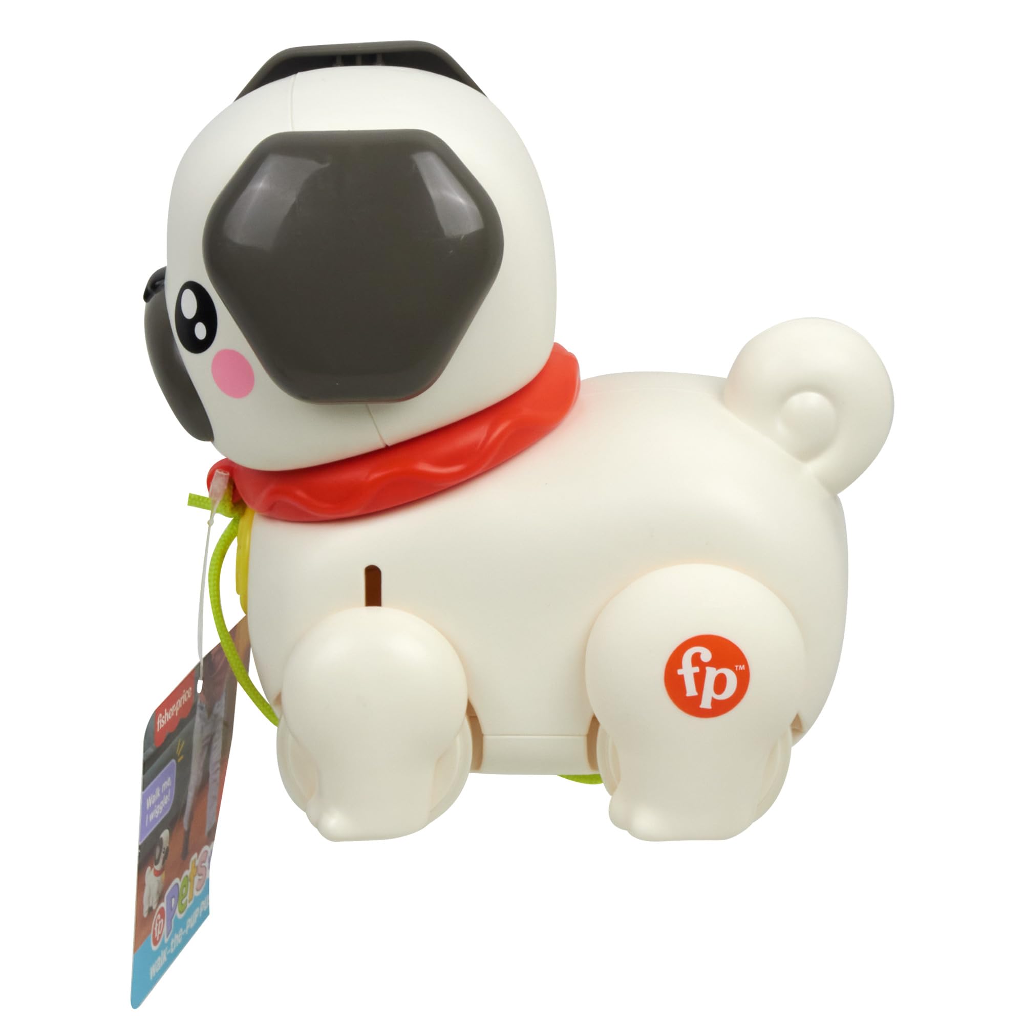 Fisher-Price Pets - Carlino Cammina con Me, Cucciolo trainabile con guinzaglio e Suoni, incoraggia a Camminare e abbaia con Il Movimento, giocatolo per Bambini, 12+ Mesi, HTW94