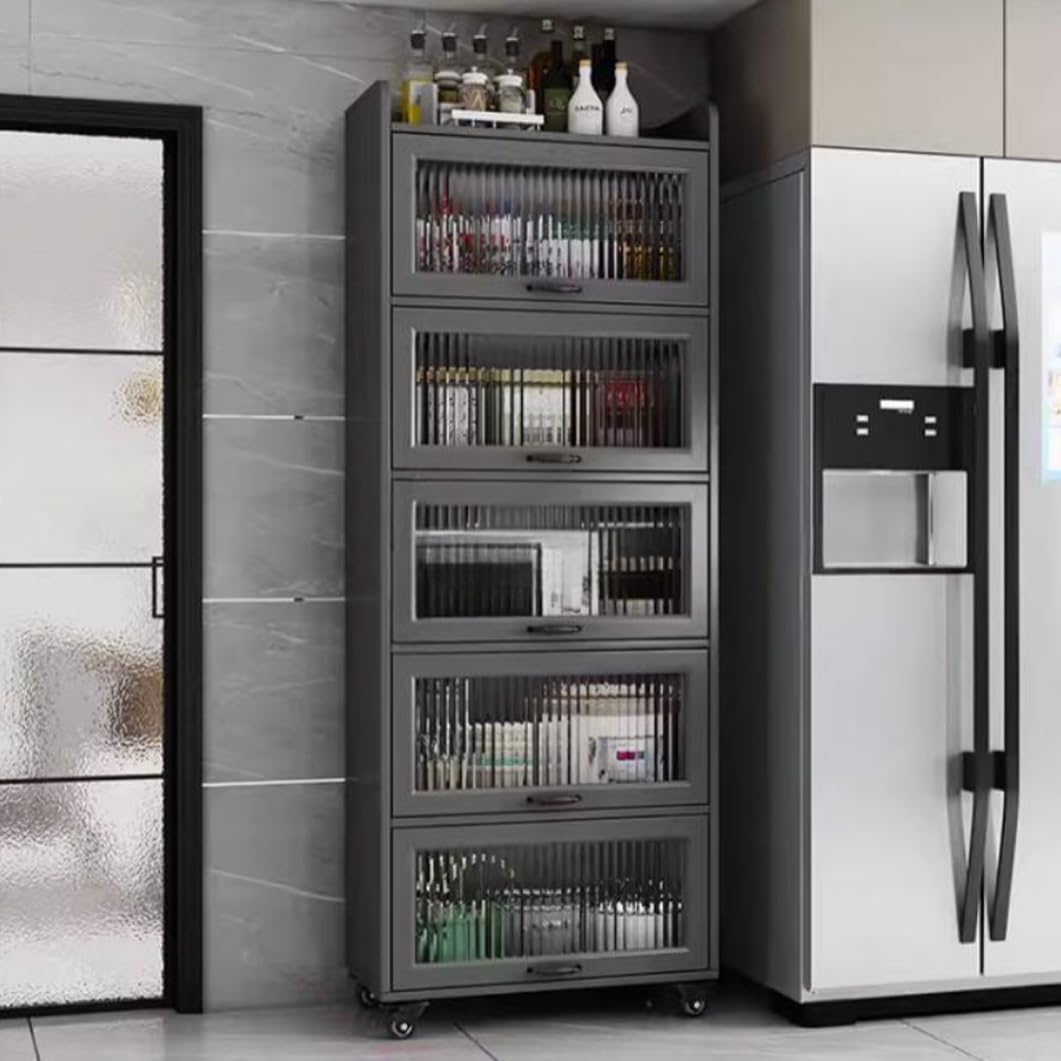 Carrello portaoggetti sottile a 6 ripiani, con ruote, porte in vetro temperato, salvaspazio, per cucina e bagno (grigio, 49,8 x 34,8 x 203,5 cm)