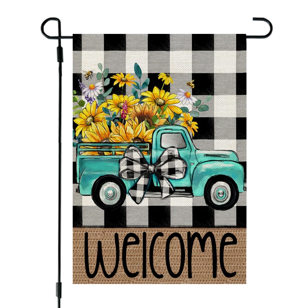 CROWNED BEAUTYSummer Garden Flag Sunflowers Truck 12x18 Inch Double Sided Small Pliad Farmhouse Holiday Seasonal Welcome Flag for Outside Yard