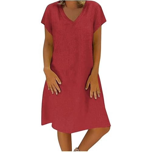 Women's Summer Cotton Linen Dress Loose V-Neck Short Sleeve T-Shirt Dress Solid Beach Dress Casual Maxi Dresses