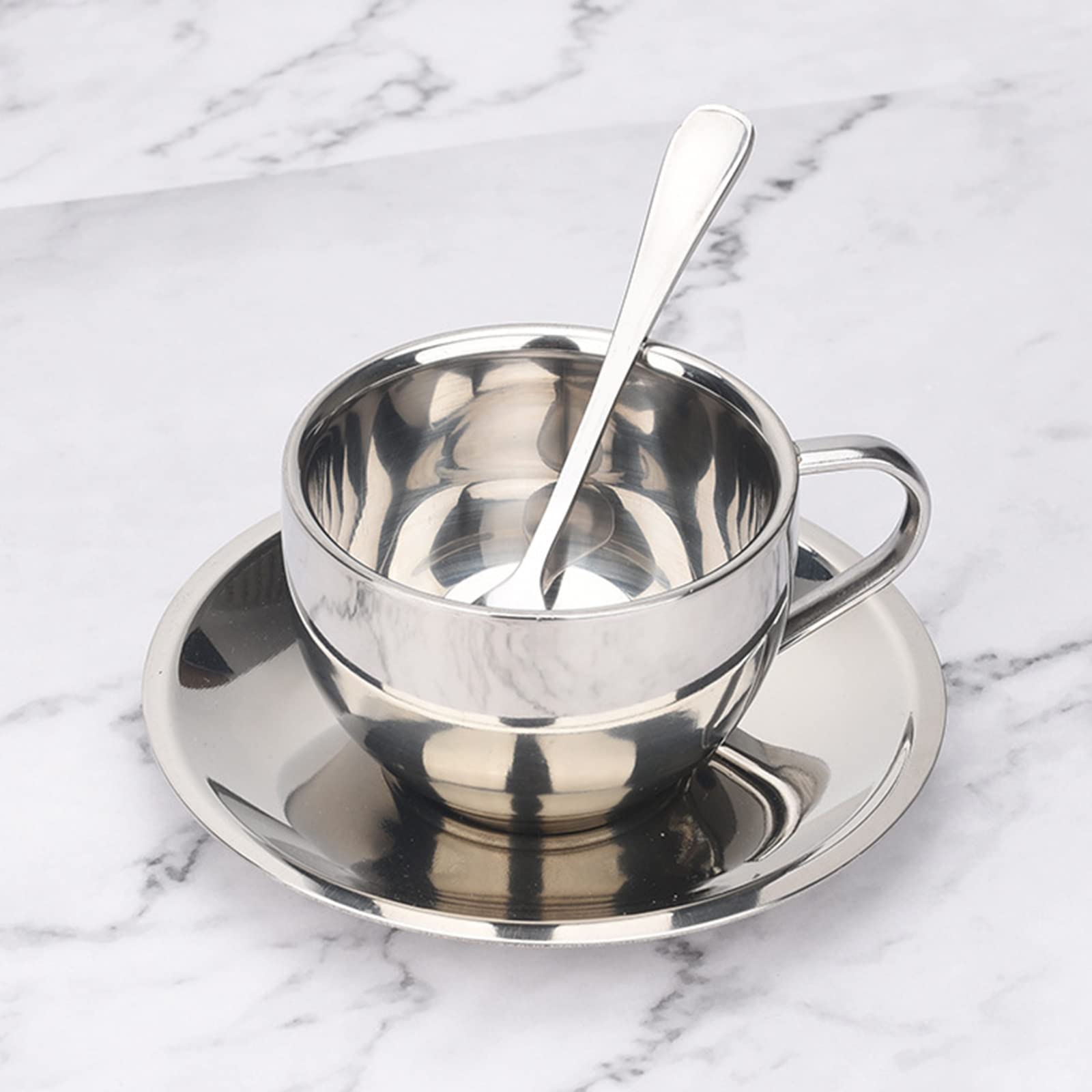 HOMSFOU Set Da Caffè In Acciaio Inox – Tazza 180ml Con Piattino E Cucchiaio, Lucido, Per Cappuccino, Tè E Bevande Calde, Regalo Elegante - 5