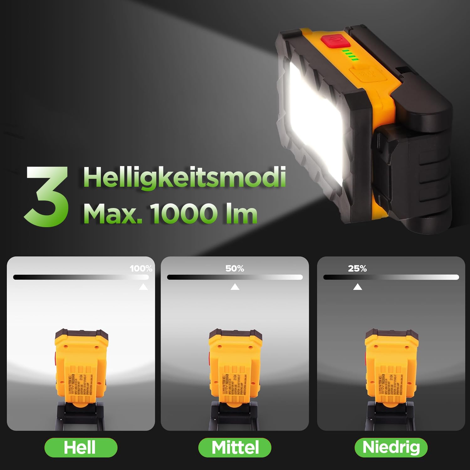 LUTEC Luce da lavoro ricaricabile, luce magnetica a LED da 1000 lumen, con base magnetica e gancio di sospensione, rotazione a 360° e rotazione di 200°, per riparazione auto, emergenza e campeggio (2)