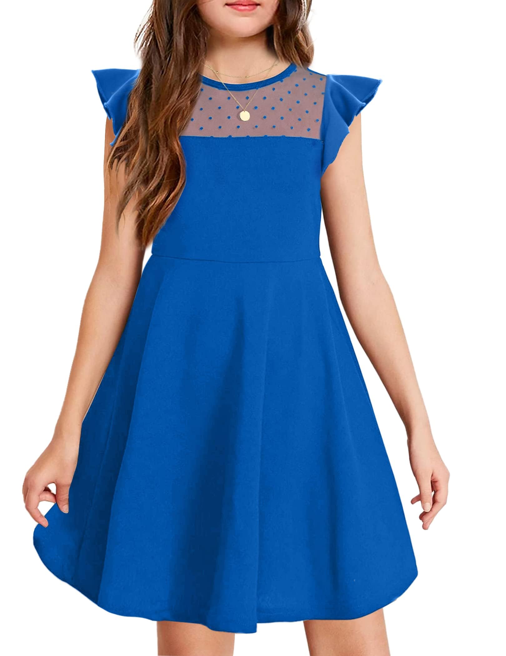 Arshiner Vestido para niñas de Verano con Mangas con Volantes de Malla en Forma de A, Vestidos de Fiesta Casuales con Bolsillos de 6 a 13 años