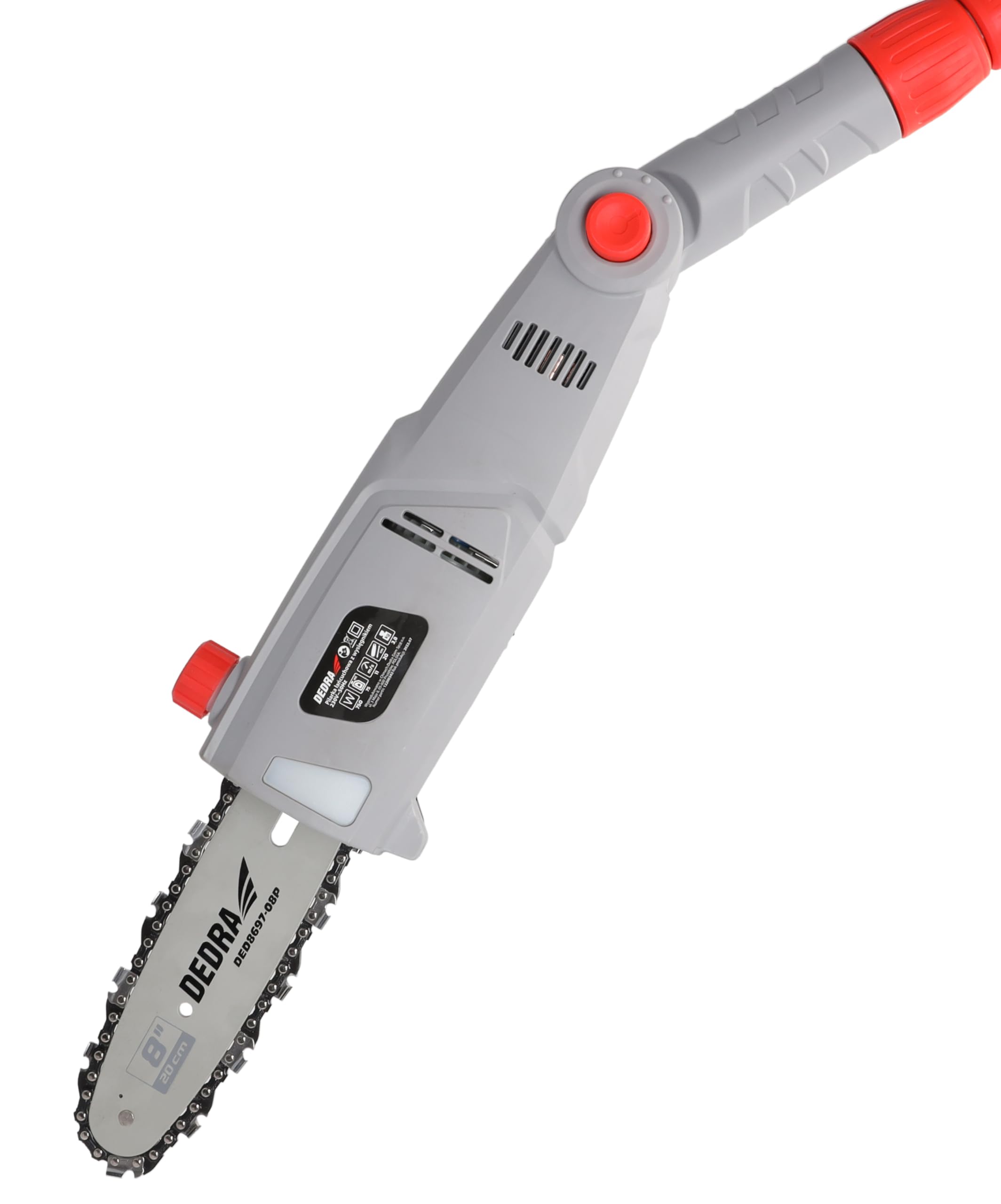 DEDRA Motosierra eléctrica DED8699 2,85 m con brazo telescópico, 750 W, 8", velocidad de cadena eficiente: 11 m/s, sistema sin herramientas para tensar la cadena, ángulo de cabeza ajustable +/-30°