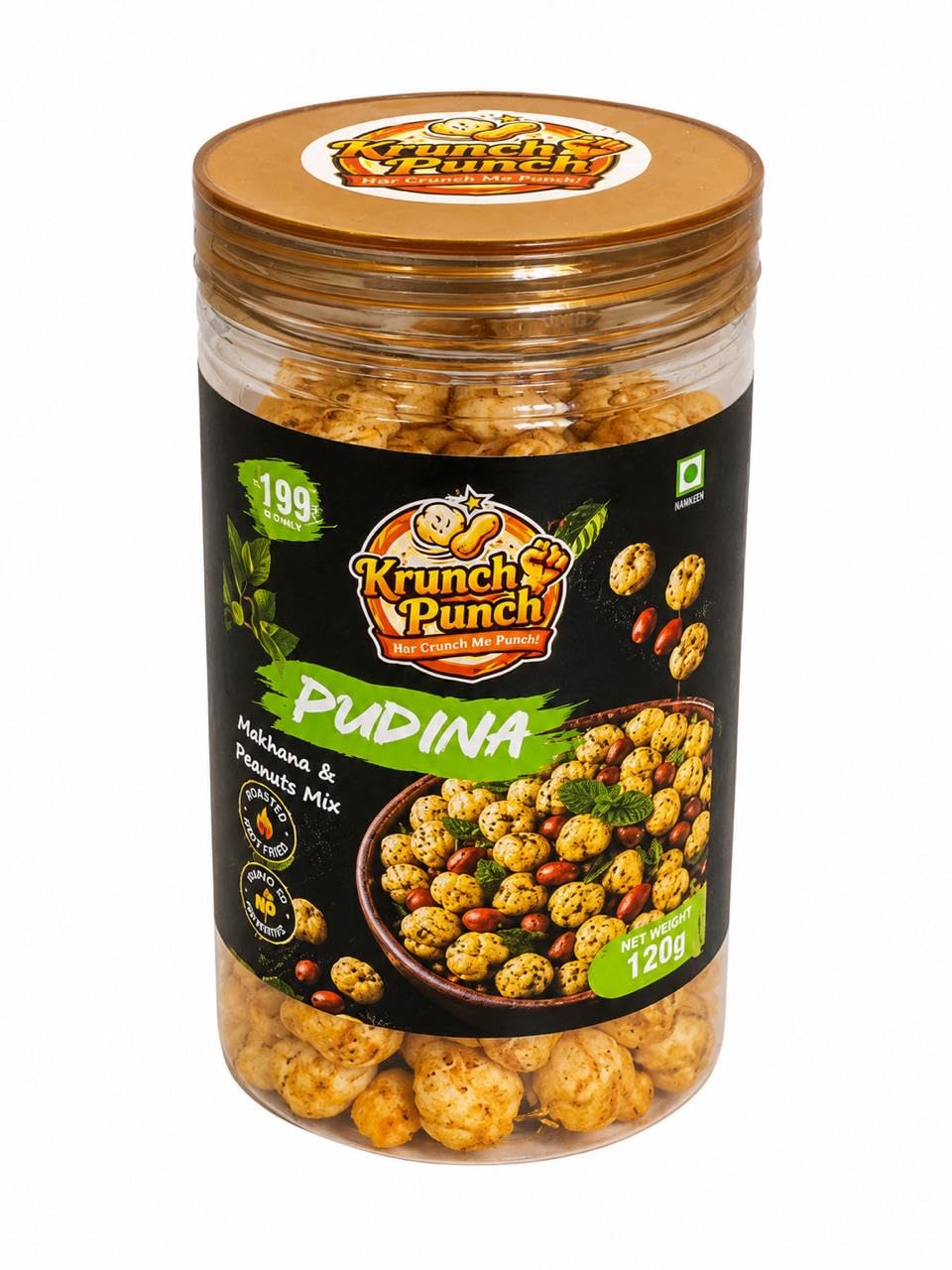 Krunch Punch Pudina Flavoured Makhana & Peanuts Mix Premium Jar 120G | High Protein Snack-image-1