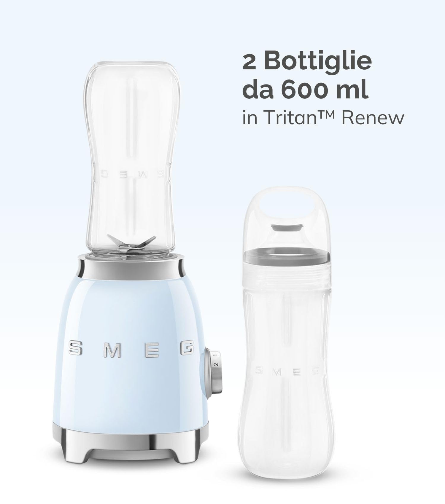Smeg, Frullatore Compatto PBF01BLEU, 2 Livelli di Velocità, Sicurezza Blocco Motore, 2 Bottiglie da 600 ml in Dotazione, Base Antiscivolo, Avvolgicavo Integrato, 300W, Nero