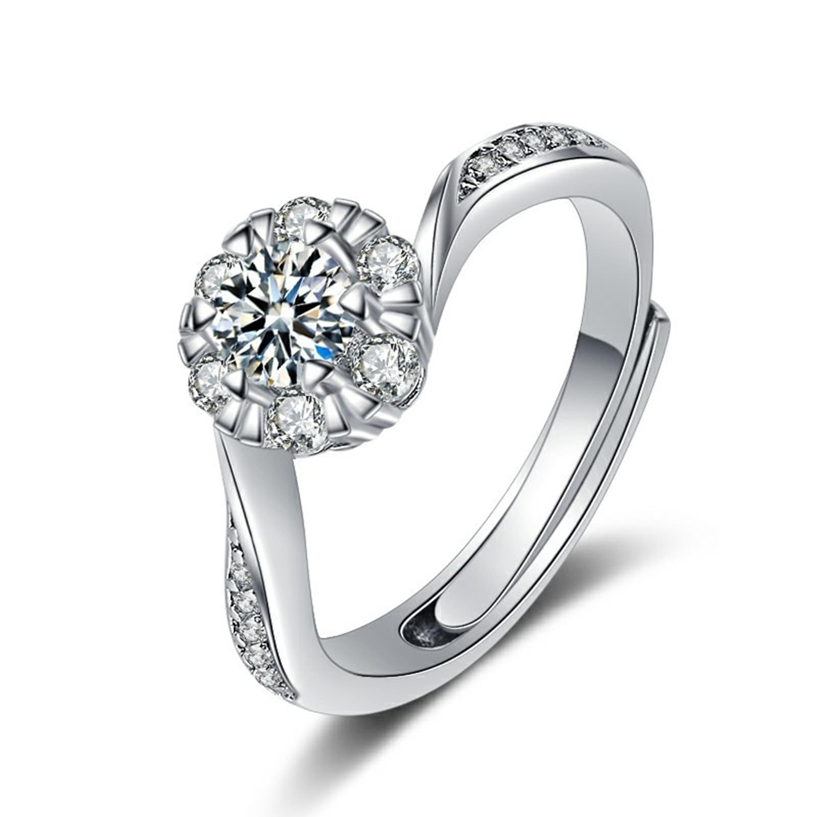 Anillo de compromiso de oro blanco de 9 quilates, diamante de laboratorio blanco para mujer, flor de boda