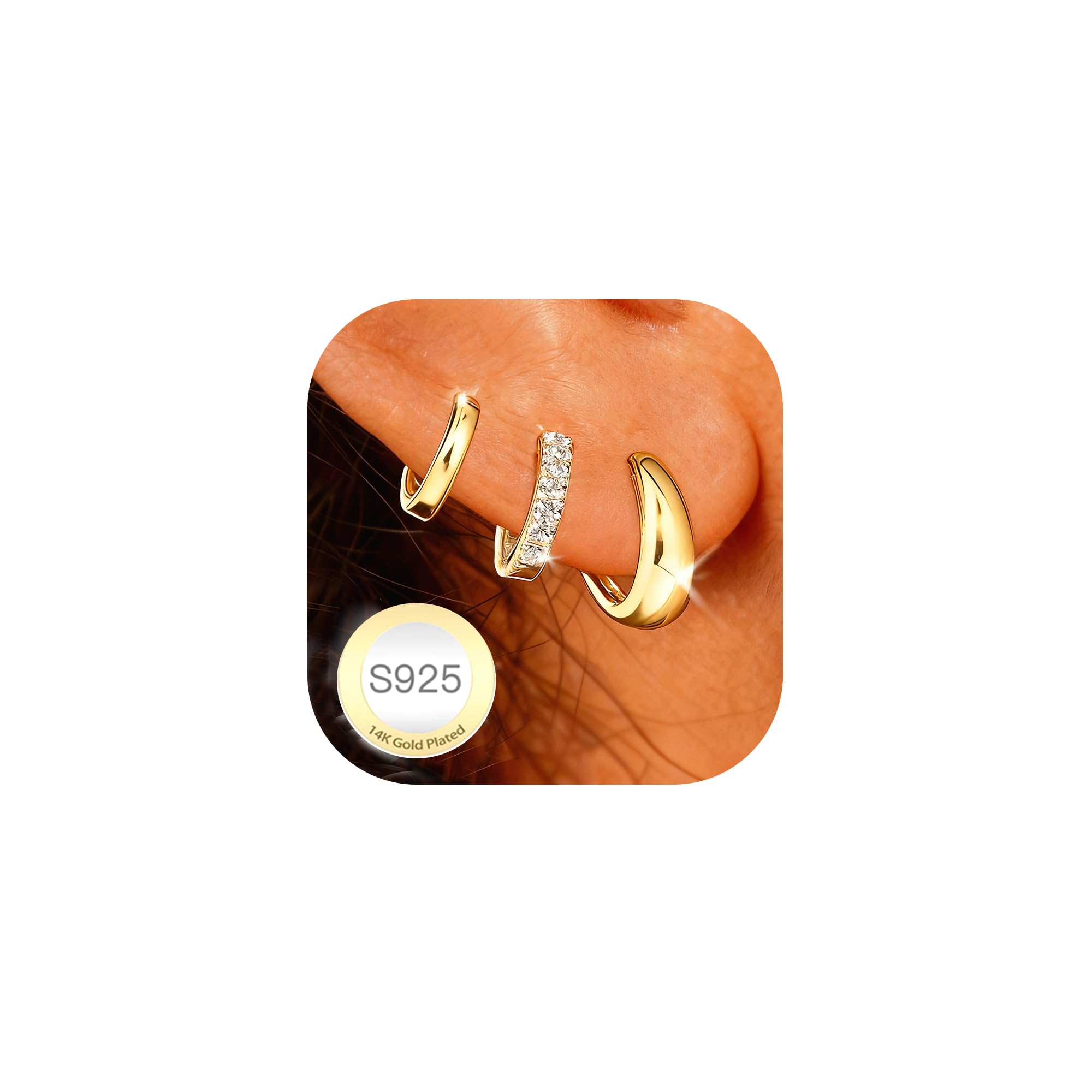 AVOTTO 3 Paar Ohrringe Silber 925 Set für Damen Hypoallergen 14K Gold Ohrring Stacks Silber Creolen Ohrringes Silver Huggies Hoops Earrings Silver Earrings