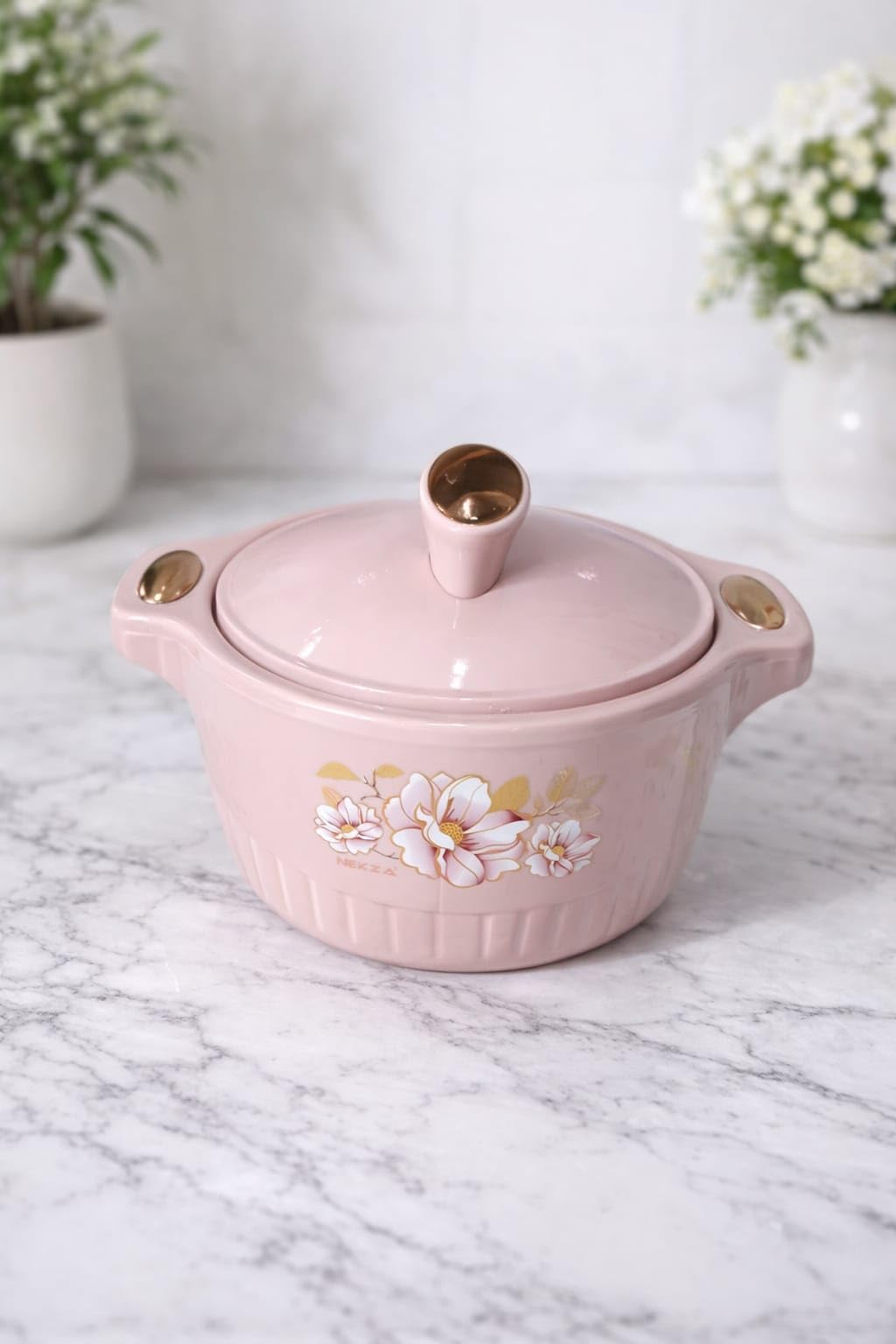 Elegant Pink Casserole with Lid and Golden Knob | Floral Printed Serving Bowl, Heat Resistant Kitchen Dish for Roti, Curry, Rice and Soup, Stylish Tableware for Home, Dining and Gifting