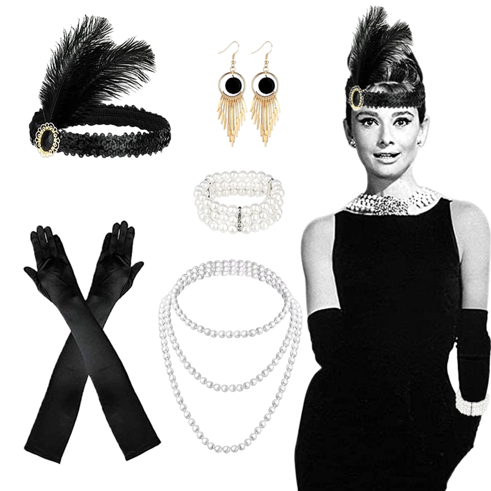 Yiichiy Accesorios Años 20 Mujer Flapper Set, 6 Pcs Accesorios Años 20 Mujer, Disfraz Halloween Vestido Años 20 Mujer Gatsby, 1920s Flapper Great Gatsby Accessories Set para Halloween