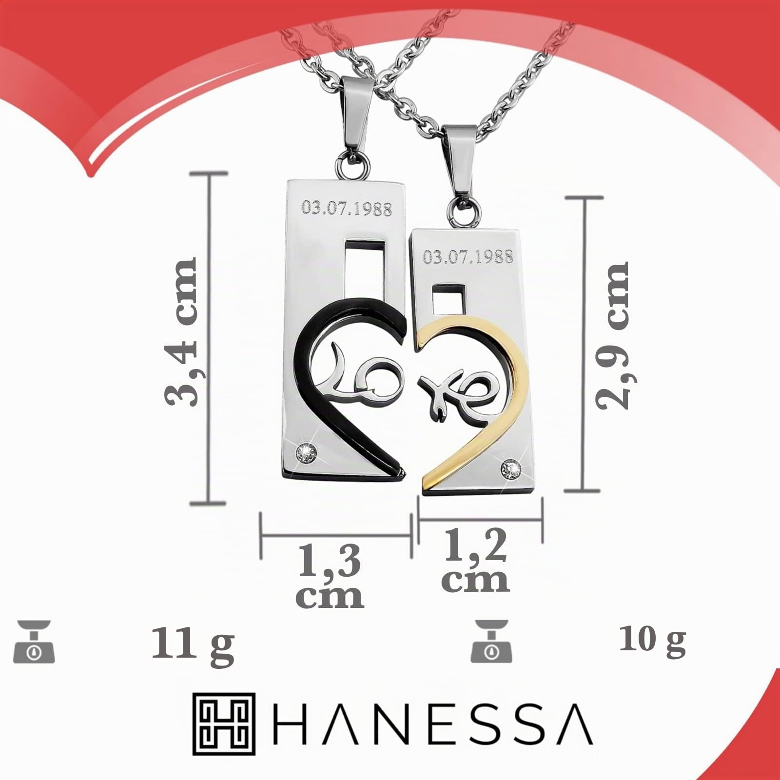 2 Stück Personalisierte Kette mit Gravur Edelstahl 50 cm mit Anhänger Herz mit Datum in silber - Personalisierte Geschenke für Damen Herren Freundin Freund - Partner Halskette Sie Ihn