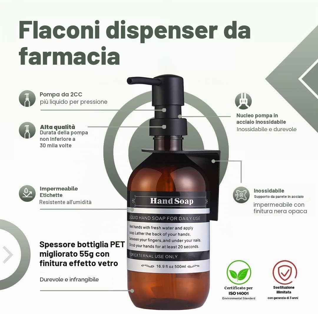 Dispenser Bottiglia Bagno Cucina Ricaricabile per Shampoo Balsamo Mani Sapone Lozione Doccia Olio con Pompa ed Etichette Impermeabili, 500 ml, Confezione da 3 (ambra, con supporti a parete)